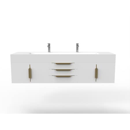 Castello Usa Nile 72" Wall Mounted White Vanity With White Top And Gold Handles CB-MC-72W-GLD-2053-WH